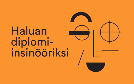 Abstrakti geometrinen kasvokuva mustana oranssilla taustalla, jossa on teksti "Haluan diplomi-insinööriksi".