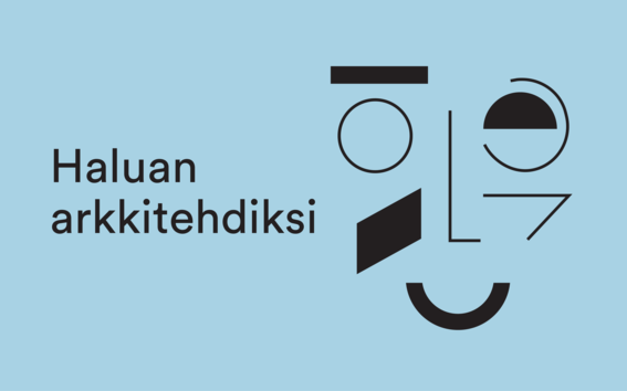 Abstrakti geometrinen kasvokuva mustana vaaleansinisellä taustalla, jossa on teksti "Haluan arkkitehdiksi".