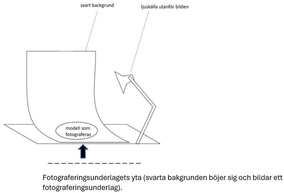 En ritad bild med ett område i mitten där modellen som ska fotograferas placeras.  I bilden visas hur en svart bakgrund böjs till ett fotograferingsunderlag, i mitten av vilken modellen som ska fotas placeras. Framtill är en bild på en lampa och texten ”ljuskälla utanför bilden”. Under fotograferingsunderlaget är texten ”Fotograferingsunderlagets yta (svarta bakgrunden böjer sig och bildar ett fotograferingsunderlag)”.